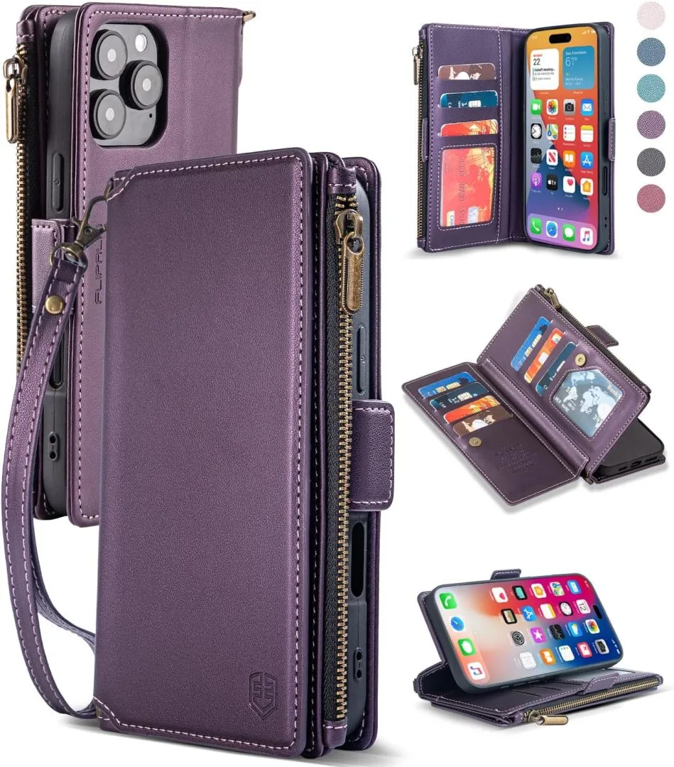 Compatible with iPhone 16 Pro 6.3" Wallet Case with RFID Blocking Credit Card Holder,PU Leather Flip Lanyard Strap Wristlet Zipper Women Men Phone Cases for Apple 16 Pro (Purple)