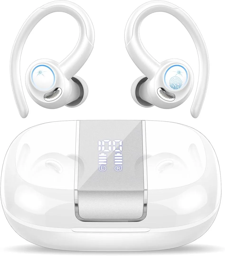 Headphones Wireless Earbuds Sport, Bluetooth 5.3 Over Ear Buds Stereo Deep Bass Headset with Earhooks, 48H Wireless Earphones with HD Mic, IP7 Waterproof Earbud for Sports/Running/Workout White
