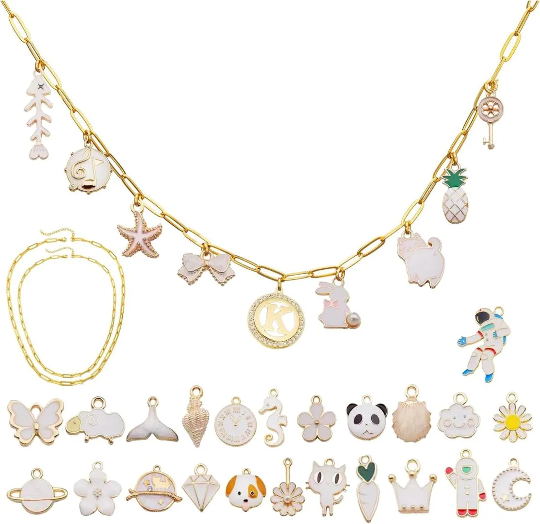 34 Pcs Handmade DIY Charm Necklace for Women,Handmade Custom Name Initial Charms,Build Your Own Charm Necklace,Personalized Jewelry Gift for Her (white)