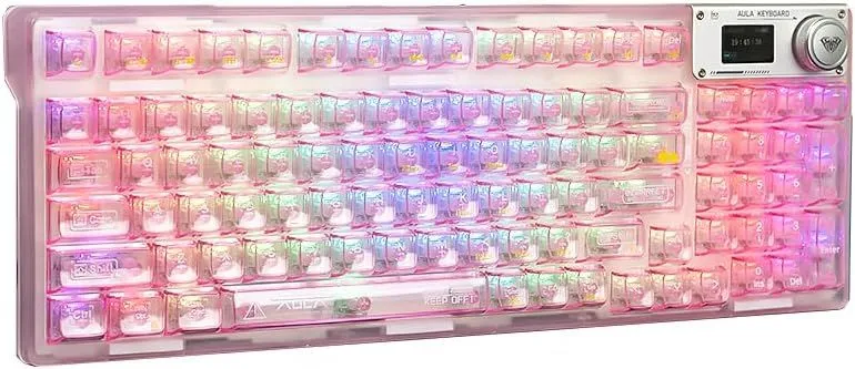 AULA F98 Pro Wireless Mechanical Keyboard with Transparent Keycaps,Hot-swappable,Pre-lubed Linear Switches,Gasket Structure,RGB Backlit,OLED Screen,BT5.0/2.4G/USB-C Wired Computer Keyboard