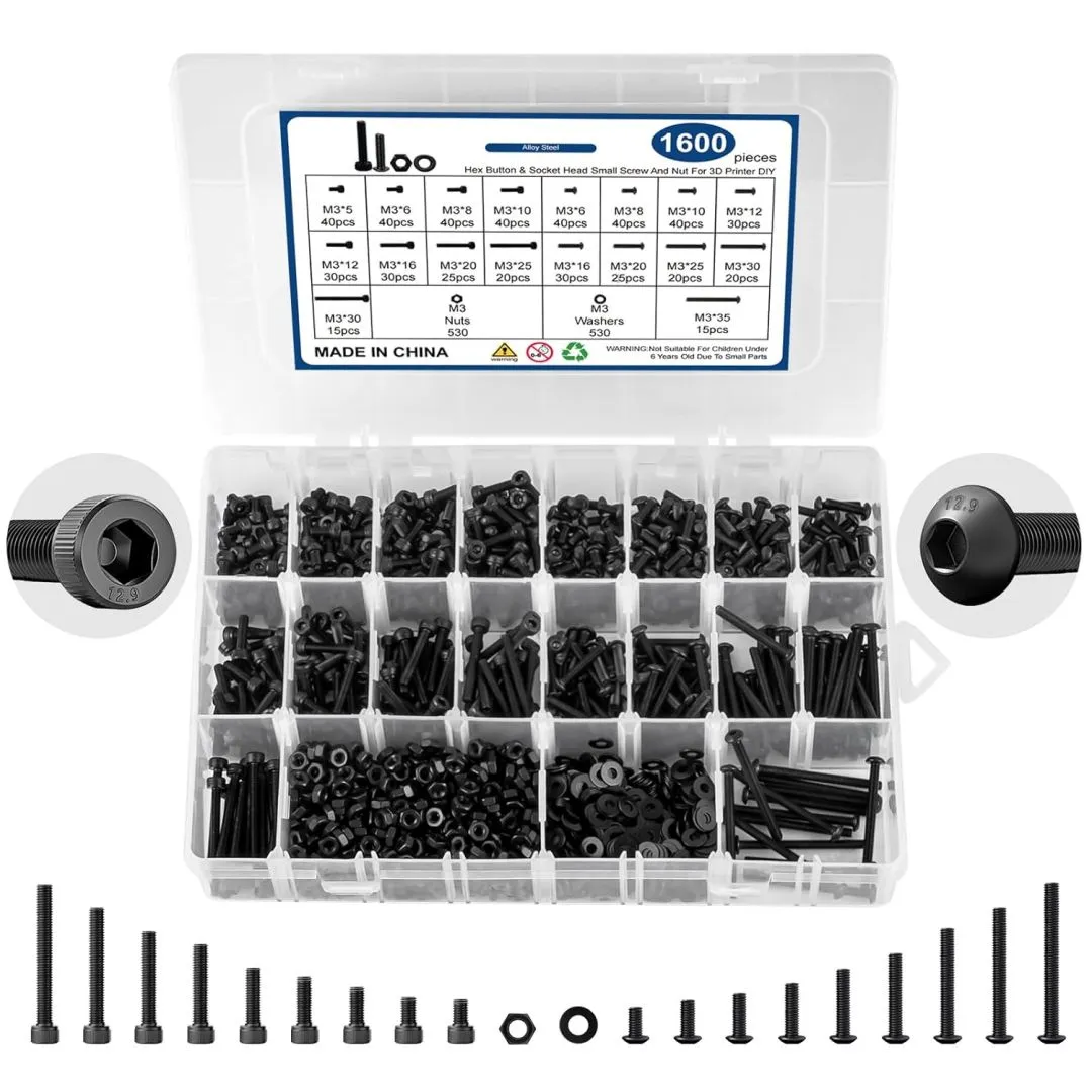 1600 Pcs M3 Screw Kit, M3 Button Head Screws and M3 Socket Head Screws, Metric Machine Screw Assortment 12.9 Grade Alloy Steel Black Zinc Plated M3 Screws Bolts and Nuts Kit