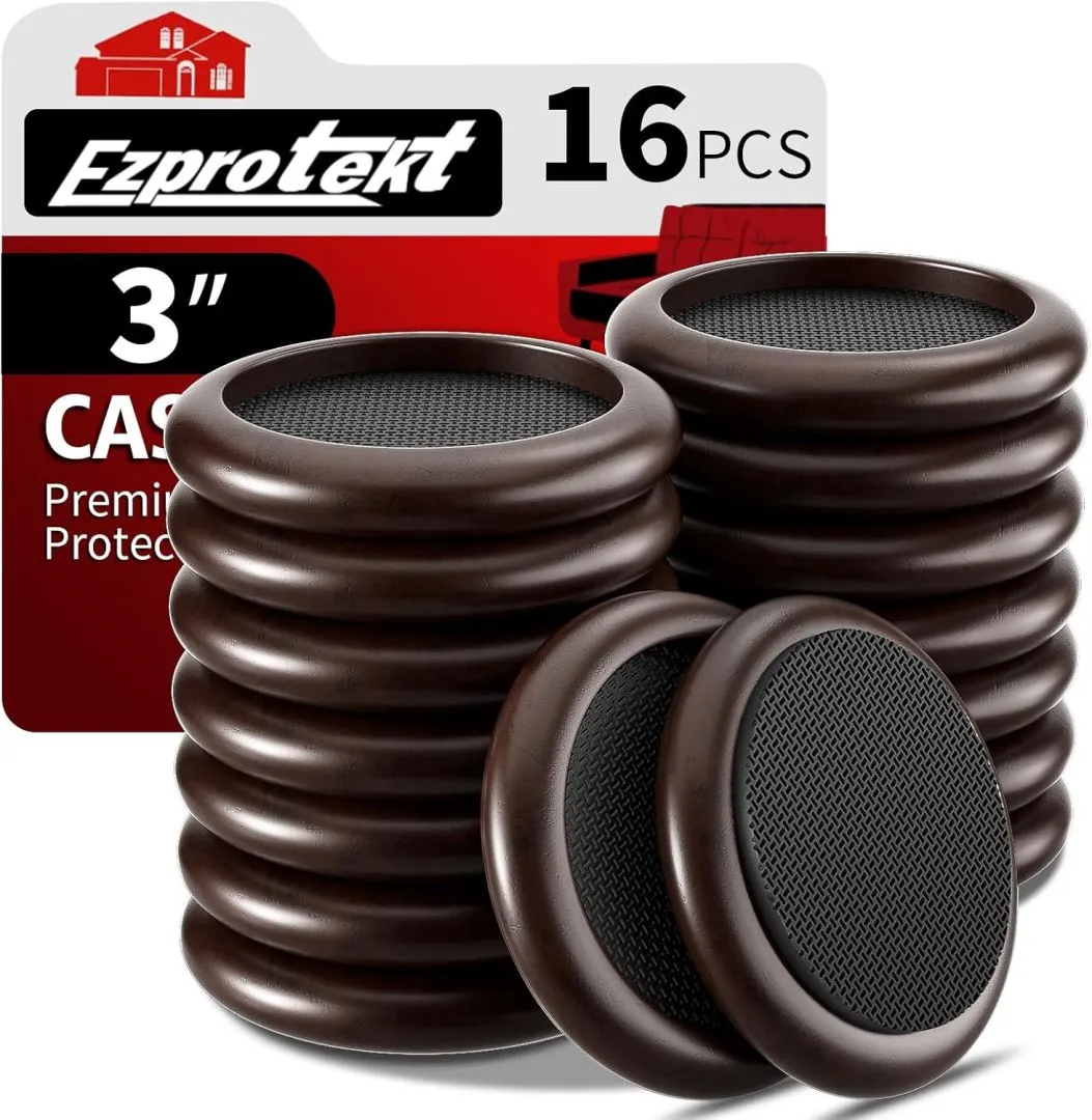 3” Non Slip Wood Furniture Coaster, 16 Pcs Anti Slip Furniture Pads for Hardwood Floor, Round Sofa Bed Couch Furniture Caster Cups with Anti-Slide EVA Pads Floor Protector Anti-Scratch (Dark Brown)