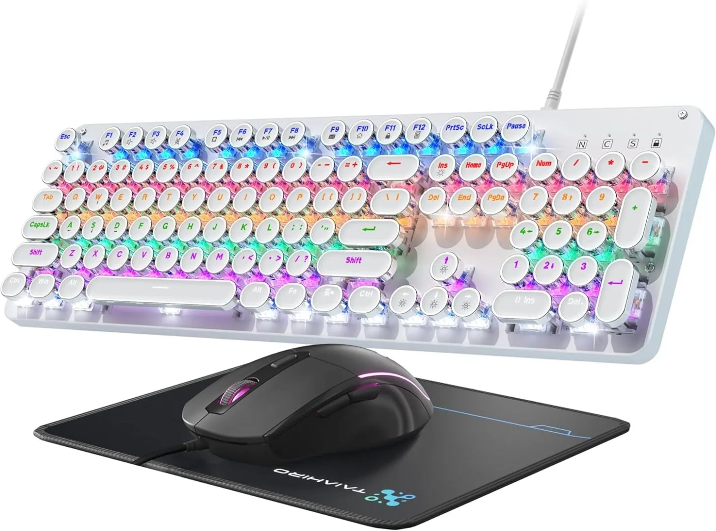 Typewriter Mechanical Gaming Keyboard and Mouse, Metal Panel Retro Keyboard with Round Keycap Blue Switch, RGB Backlit 104 Keys Anti-Ghost Wired Keyboard Mouse and Pad Combo for PC Laptop Mac Gamer